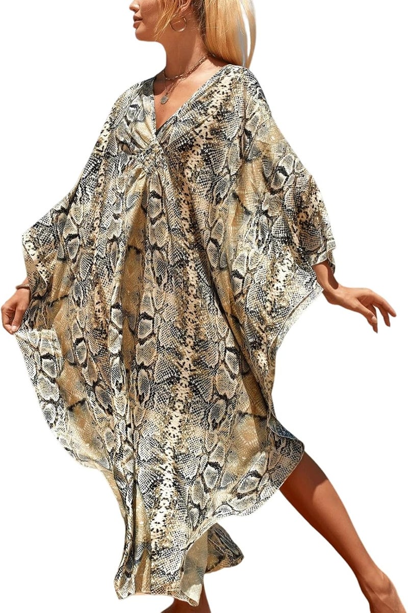 IMAGEKOPE Women's Plus Size Animal Print V-Neck Batwing Kaftan Beach Dress Bathing Suit Cover-Up Loungewear - Image 1